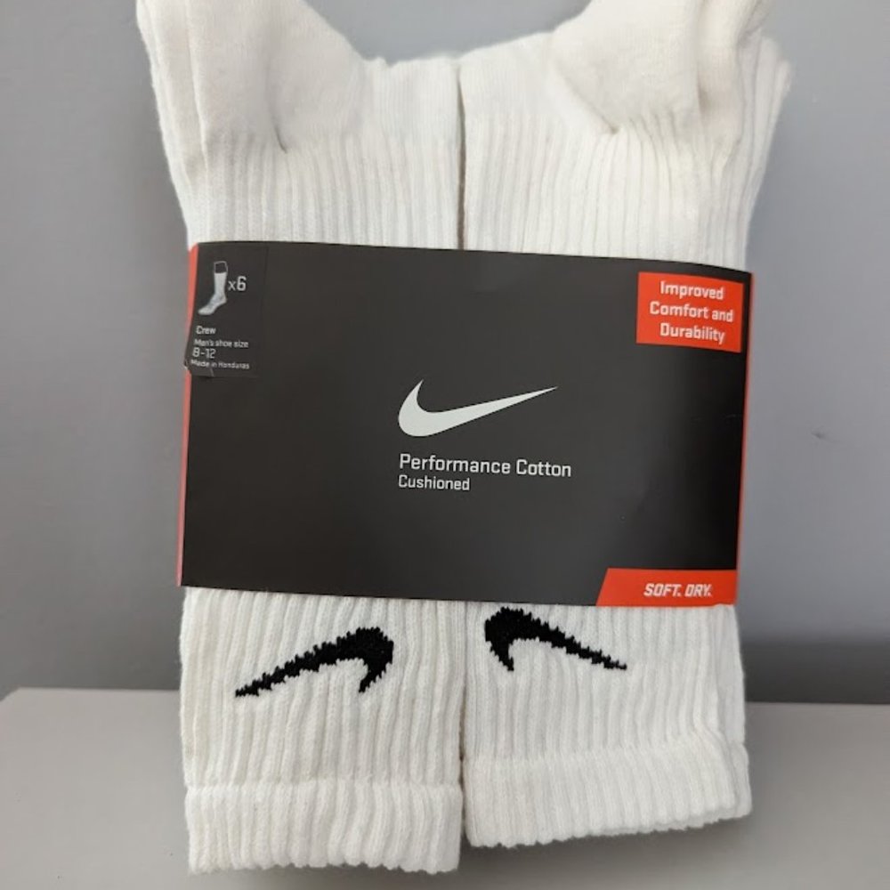 NIKE Performance COTTON CUSHIONED CREW MEN’S SOCKS 6 Pair White NEW